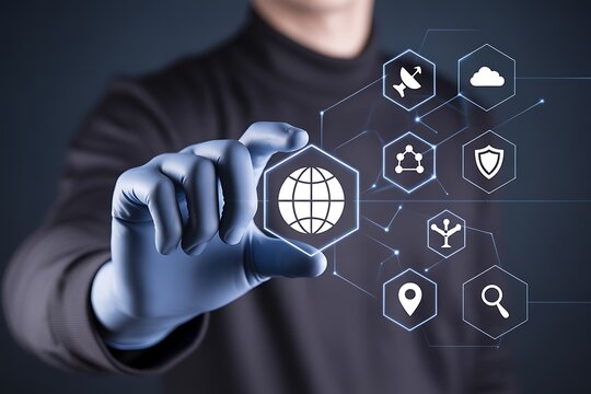 Hand interacting with a holographic control panel, Global Data Security Concept