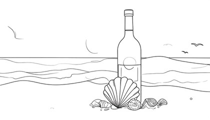 A simple black and white illustration of a bottle on a beach