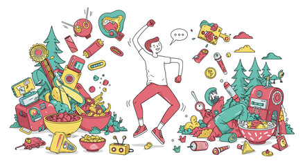 Fototapeta premium Playful Celebration: Doodle Illustration of Man Jumping Amidst Colorful, Whimsical Objects and Forest Elements