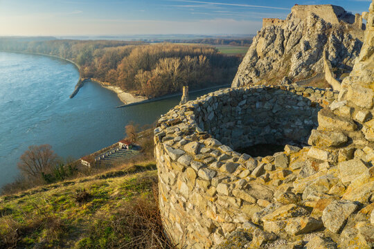 Aerial view of the ancient Devin Castle ruins standing proud against the Danube's flow, a testament to history etched in stone, Devin, Bratislava Region, Slovakia.