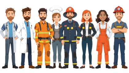 Diverse Cartoon Professionals Standing in a Horizontal Line – Isolated PNG