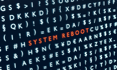 Obraz premium System reboot symbol in red between encrypted data. System configuration, computer, server, network, security, digital data, encryption. 3D illustration