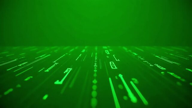 Futuristic digital stream of glowing green binary code flowing through cyberspace, representing data transfer and innovation