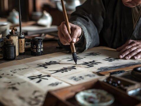 Senior calligrapher carefully drawing japanese characters using brush pen and black ink in his workshop, surrounded by traditional tools and materials