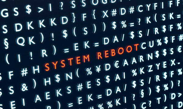 System reboot symbol in red between encrypted data. System configuration, computer, server, network, security, digital data, encryption. 3D illustration