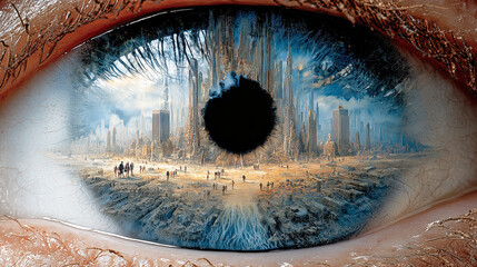 Creative vision of a futuristic cityscape reflecting in an eye, depicting a blend of nature and advanced architecture, highlighting human exploration and interaction with technology