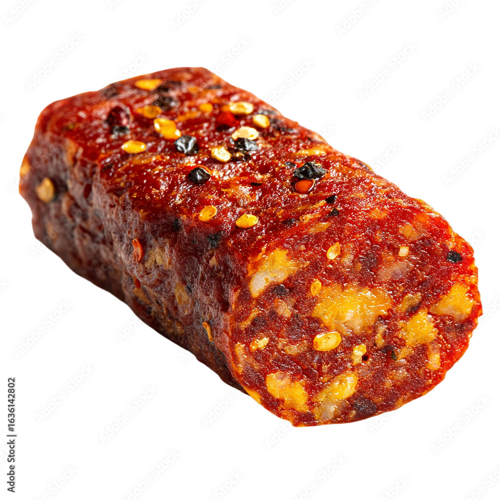 Poster a close up of a piece of spicy sausage with visible spices on a black background isolated on transpa