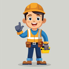 Cartoon Construction Worker Ready to Work Holding Tools with an Eager Smile and Safety Gear On