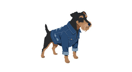 Stylized terrier dog illustration wearing a fashionable denim jacket on white backdrop