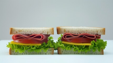 plastic sandwich halves with fake lettuce and meat on white background