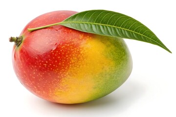 Fresh Ripe Mango with a Green Leaf Isolated on White Background


