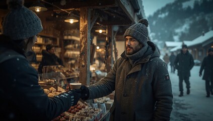 Fototapeta premium Sharing Warmth in a Snowy Market Stall
