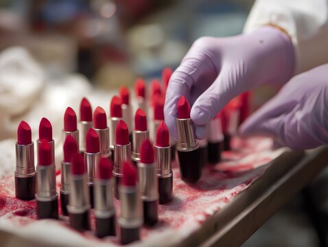 Gloved hands of a factory worker inspecting red lipsticks on the production line of a cosmetics factory, ensuring quality control and preparing them for packaging and distribution - Powered by Adobe