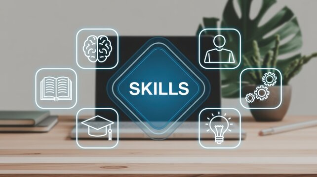 A person works with a "SKILLS" icon and educational symbols, symbolizing personal development, learning, and professional growth.