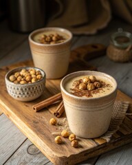Boza fermented millet drink with cinnamon and chickpeas