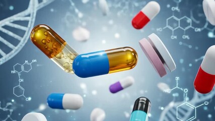 Colorful pharmaceutical capsules and pills in mid air against a scientific background - Powered by Adobe