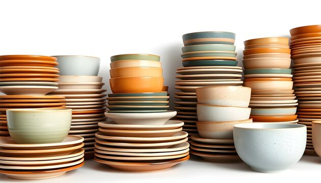 Stacked ceramic plates and bowls in various earthy tones against a white background. - Powered by Adobe