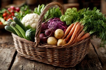 Fresh Harvest Basket Organic Vegetables Carrots Cauliflower Beets Cucumbers Potatoes Red Cabbage Local Produce Farm to