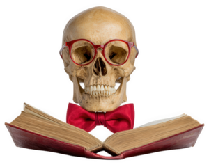 Skull with red glasses and red bowtie reading open book, isolated on transparency background, humorous and quirky academic concept, vintage style, intellectual curiosity