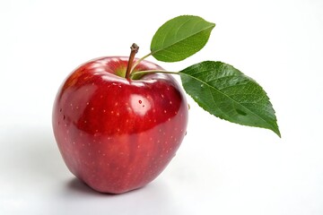 Fresh Red Apple with Green Leaf on a White Background

