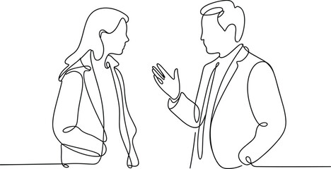 Flat vector illustration of man and woman in formal attire having professional conversation, teamwork discussion, communication, collaboration, business dialogue