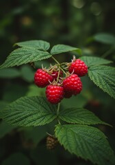 Ripe Red Raspberries on Green Bush