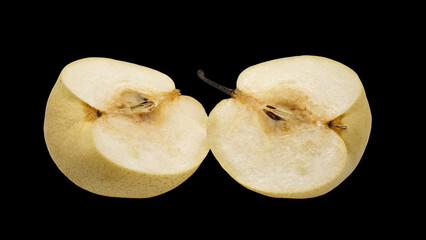 sliced  Chinese pears yellow pear on white black background.