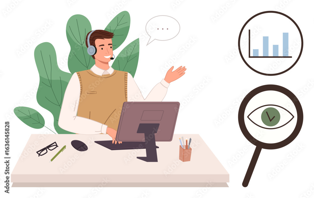 Poster male professional with a headset using a computer, presenting or assisting. charts and eye in magnif