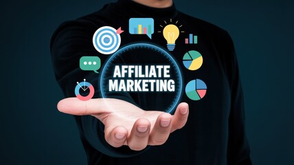 Affiliate marketing concept with icons and data visualization
