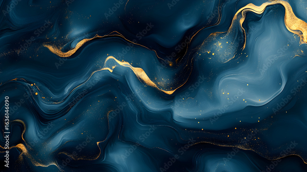 Poster abstract deep blue background with flowing wave patterns, smooth gradients and curved lines creating
