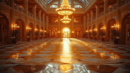 Obraz premium Grand opulent entryway with golden light, marble floors, and ornate details