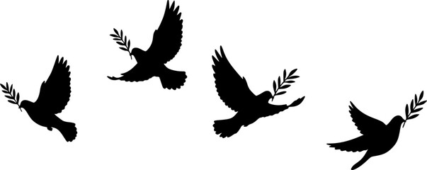 black doves with olive branches, in flight, black and white, silhouette, minimalist, peace symbol, symbol of hope

