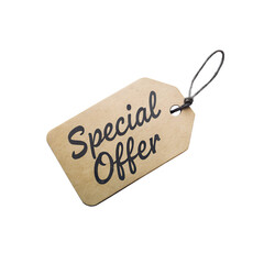 Special offer handwritten text on a kraft paper tag with string, isolated on transparent background