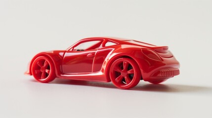 plastic toy car in bright red color on white background