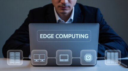 A person works on a laptop with the phrase "EDGE COMPUTING" and server icons, symbolizing decentralized IT infrastructure.
