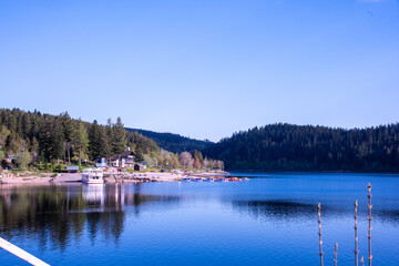 Obraz premium Schluchsee shimmers under the clear summer sky — a tranquil jewel of the Black Forest, perfect for sunlit reflections and peaceful escapes
