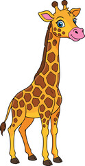Fototapeta premium Cartoon Giraffe Standing — Yellow Animal with Brown Spots, Blue Eyes, Pink Snout, and Tufted Tail in Friendly Pose