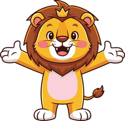 Cartoon Lion with Crown — Cheerful Yellow Jungle King with Brown Mane, Pink Belly, and Outstretched Arms in Friendly Pose