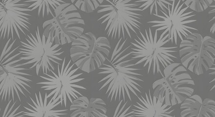 A repeating pattern of tropical leaves, including monstera and palm fronds, in a muted gray color palette.