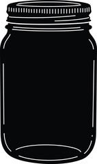 Mason jar silhouette, cad drawing flat vector illustration, black and white container, screw lid, food storage, kitchen item, household design