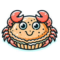 playful crab dessert illustration with a smiling face on a pie for culinary and children's designs