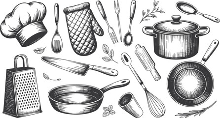 Black and white hand-drawn kitchen utensil set with chef hat, cookware, cutlery, and baking tools vintage vector illustration