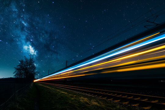 Magical view of a train passing by at night under a star-filled sky.