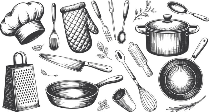 Black and white hand-drawn kitchen utensil set with chef hat, cookware, cutlery, and baking tools vintage vector illustration