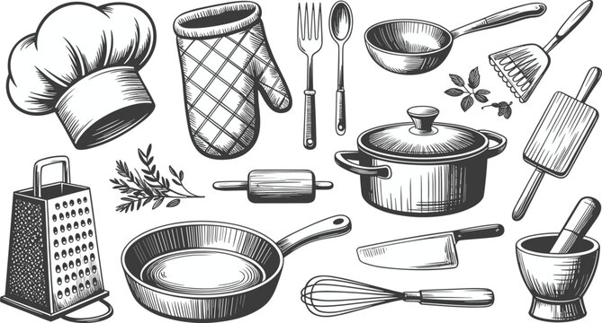 Black and white hand-drawn kitchen utensil set with chef hat, cookware, cutlery, and baking tools vintage vector illustration