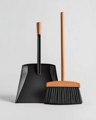Black metal dustpan and broom with light brown handles