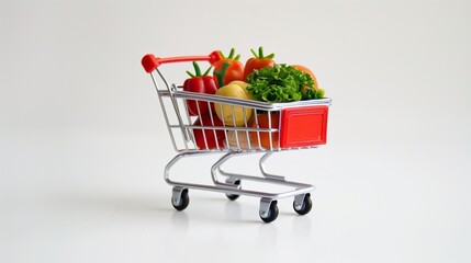 plastic toy shopping cart with groceries on white background