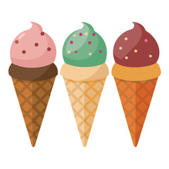 Colorful set of three ice cream cones with sprinkles, delicious summer dessert and sweet treat illustration.