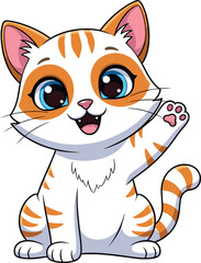 Cartoon Orange Cat Waving — Cute Striped Kitty with Blue Eyes, Pink Nose, and Curled Tail in Friendly Sitting Pose