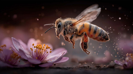 A macro shot of an advanced bee perched on the tip of its legs, covered in fine particles and flying towards a purple flower with stamens that have been broken off by bees to gather honey for future